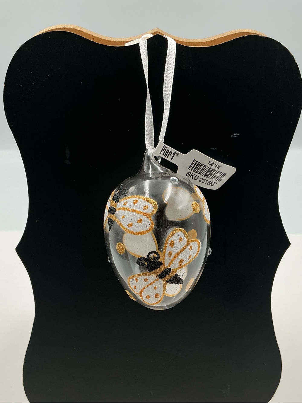 Rare Pier 1 Clear Bee Glass Hanging Ornament in Gold, Black, White